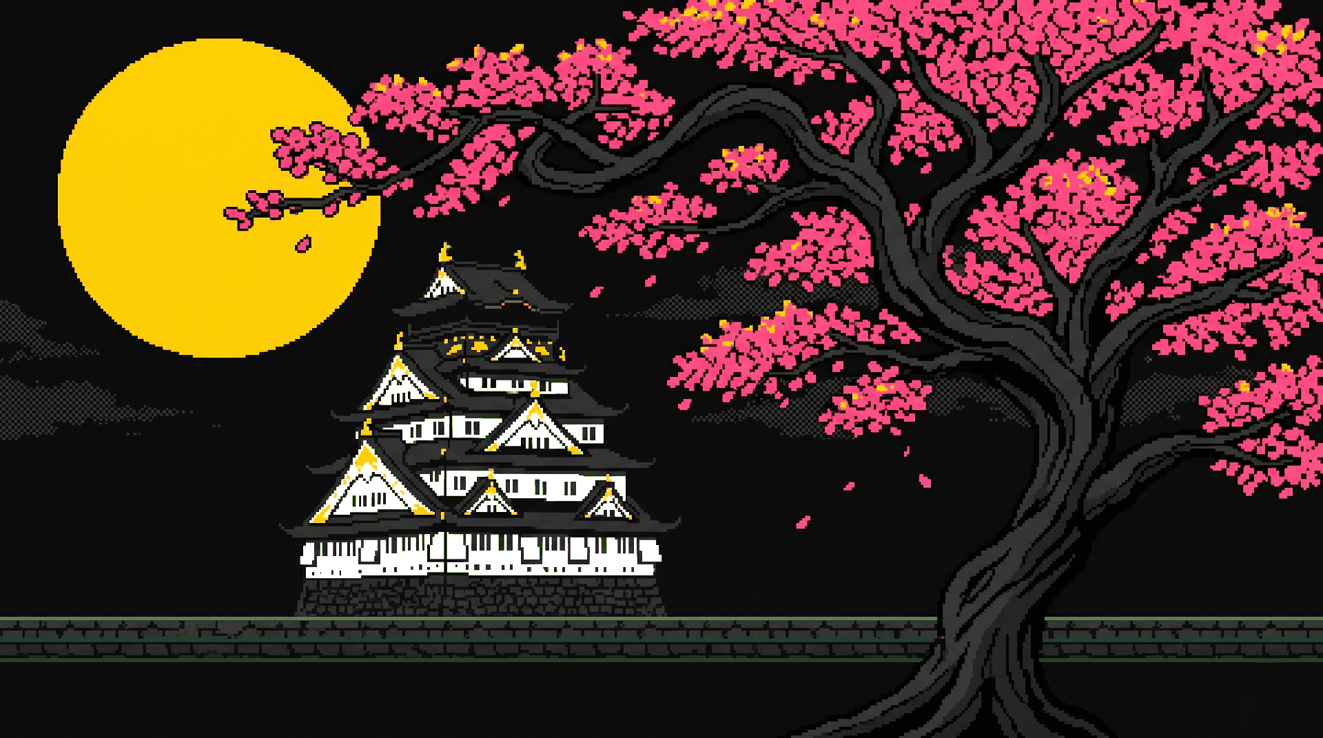 Pixel art of Osaka Castle silhouetted under a full moon, framed by an ancient cherry blossom tree in full bloom