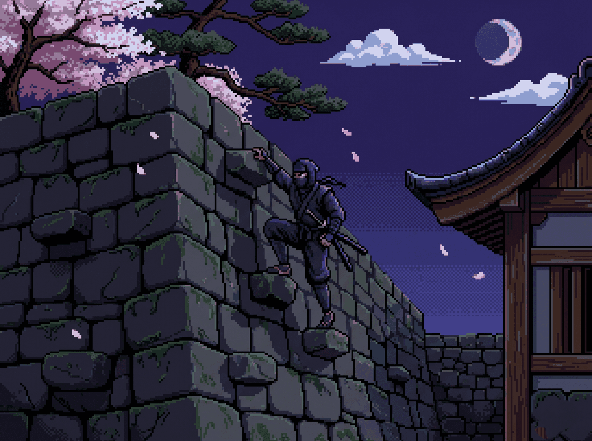 Pixel art shinobi climbing the stone wall of a Japanese castle at night, cherry blossoms drifting and a crescent moon overhead