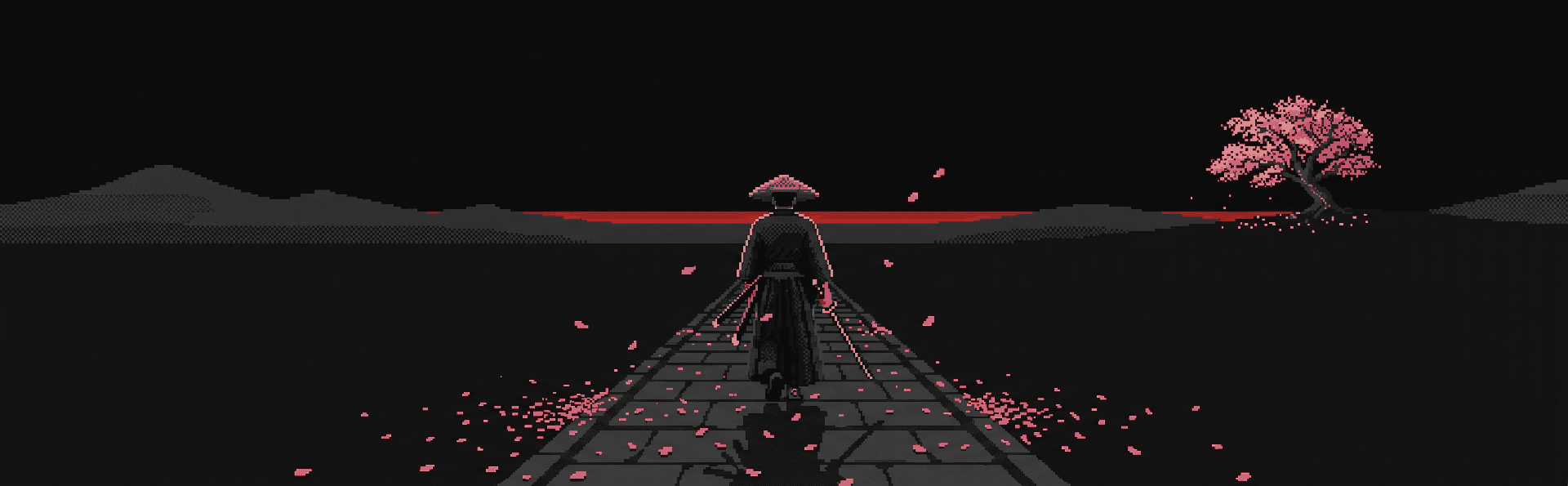 Pixel art lone samurai walking down a long stone path at dusk, sakura petals scattered, distant mountains and a single cherry tree on a hill